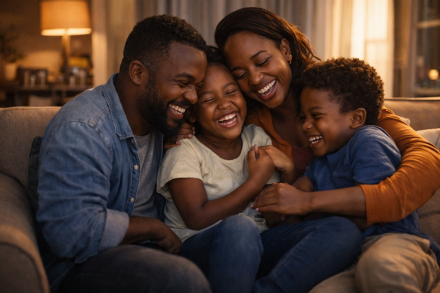 Family laughing together at home — security and ownership